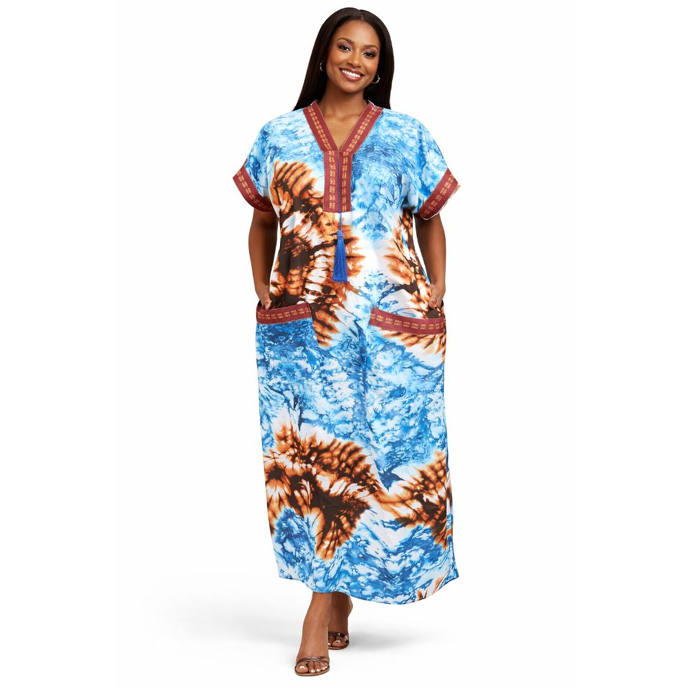 Printed Maxi Kaftan Dress with Contrast Trim
